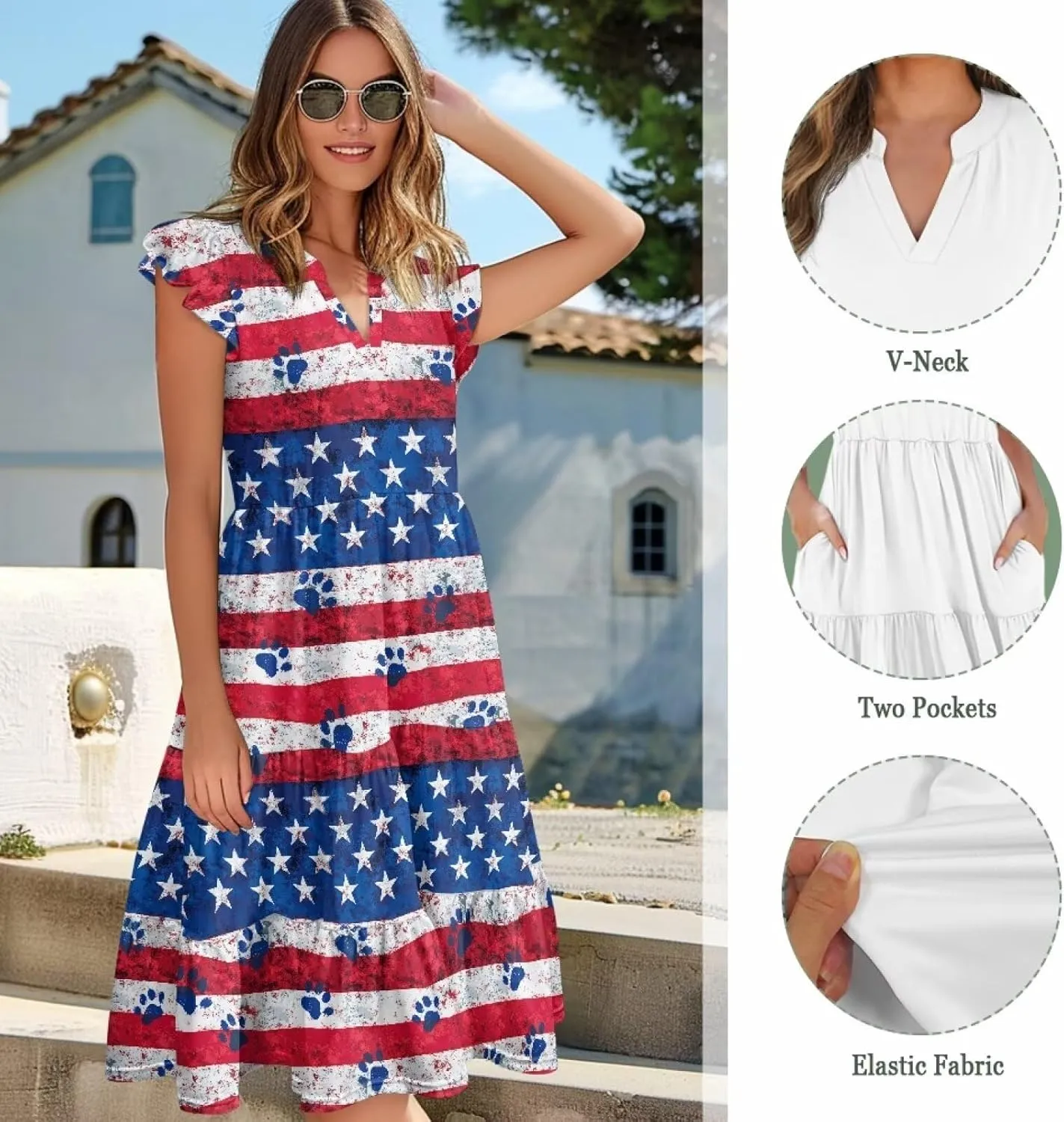 Womens Summer Ruffle Sleeve V Neck Midi Dresses 2024 Fashion Beach Sundress Casual A-Line Boho Dress with Pockets