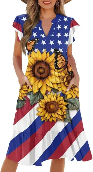 Womens Summer Ruffle Sleeve V Neck Midi Dresses 2024 Fashion Beach Sundress Casual A-Line Boho Dress with Pockets