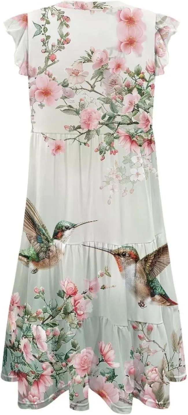 Womens Summer Ruffle Sleeve V Neck Midi Dresses 2024 Fashion Beach Sundress Casual A-Line Boho Dress with Pockets