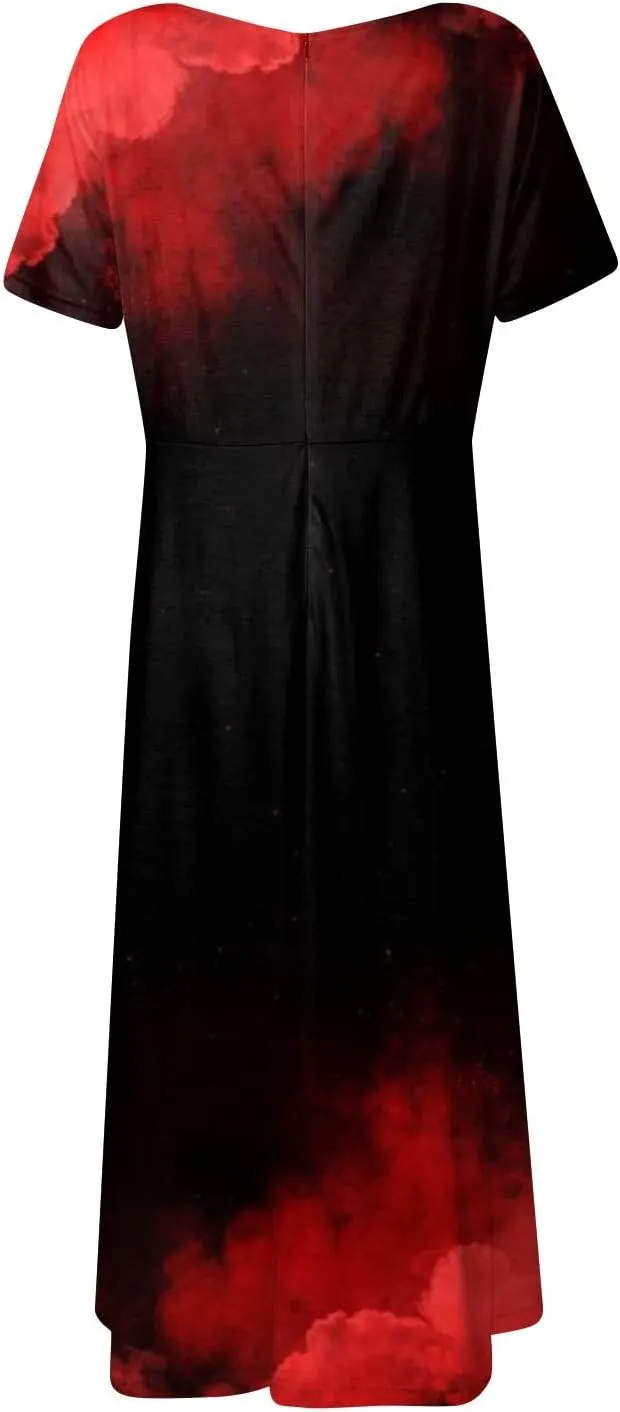 Womens Summer Wrap Maxi Dress Boho Floral V Neck Short Sleeve Long Dress Cute Ruffle Hem High Waist A-Line Dress