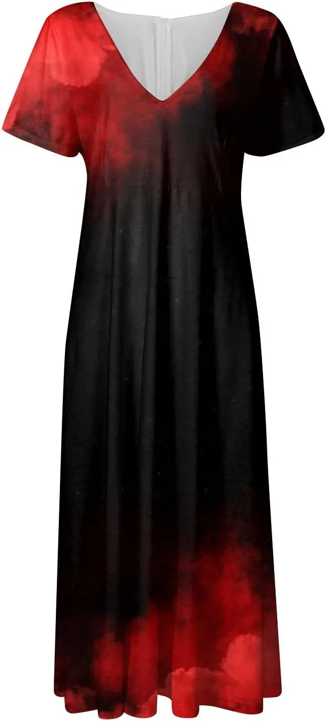 Womens Summer Wrap Maxi Dress Boho Floral V Neck Short Sleeve Long Dress Cute Ruffle Hem High Waist A-Line Dress