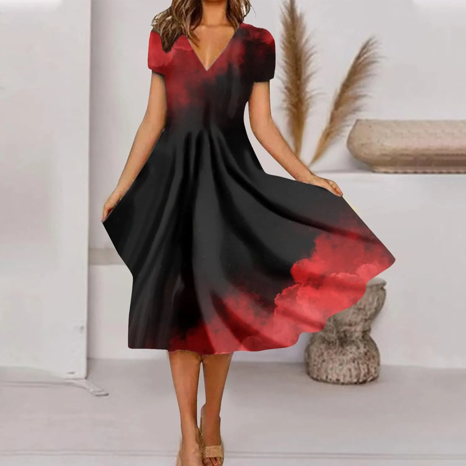Womens Summer Wrap Maxi Dress Boho Floral V Neck Short Sleeve Long Dress Cute Ruffle Hem High Waist A-Line Dress