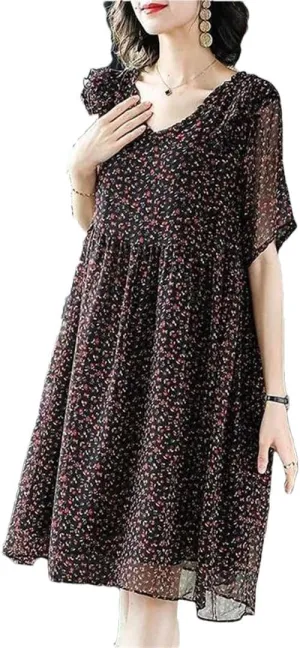 Women's Vintage Spliced Loose Ruffles Floral Dress Summer Office Lady Mini Dress