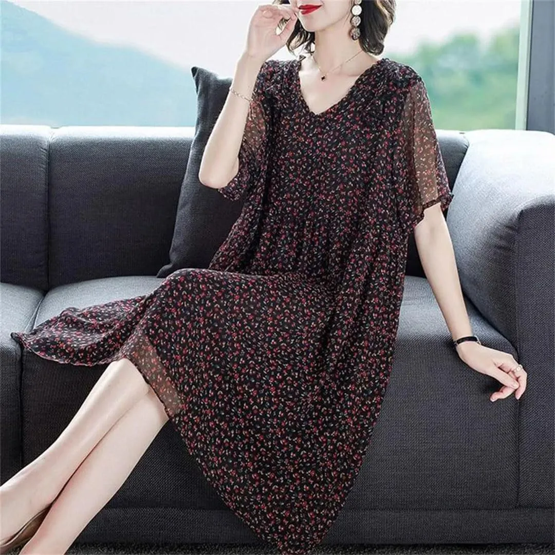 Women's Vintage Spliced Loose Ruffles Floral Dress Summer Office Lady Mini Dress