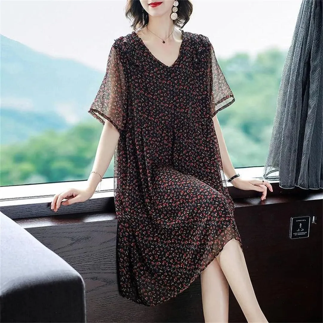 Women's Vintage Spliced Loose Ruffles Floral Dress Summer Office Lady Mini Dress