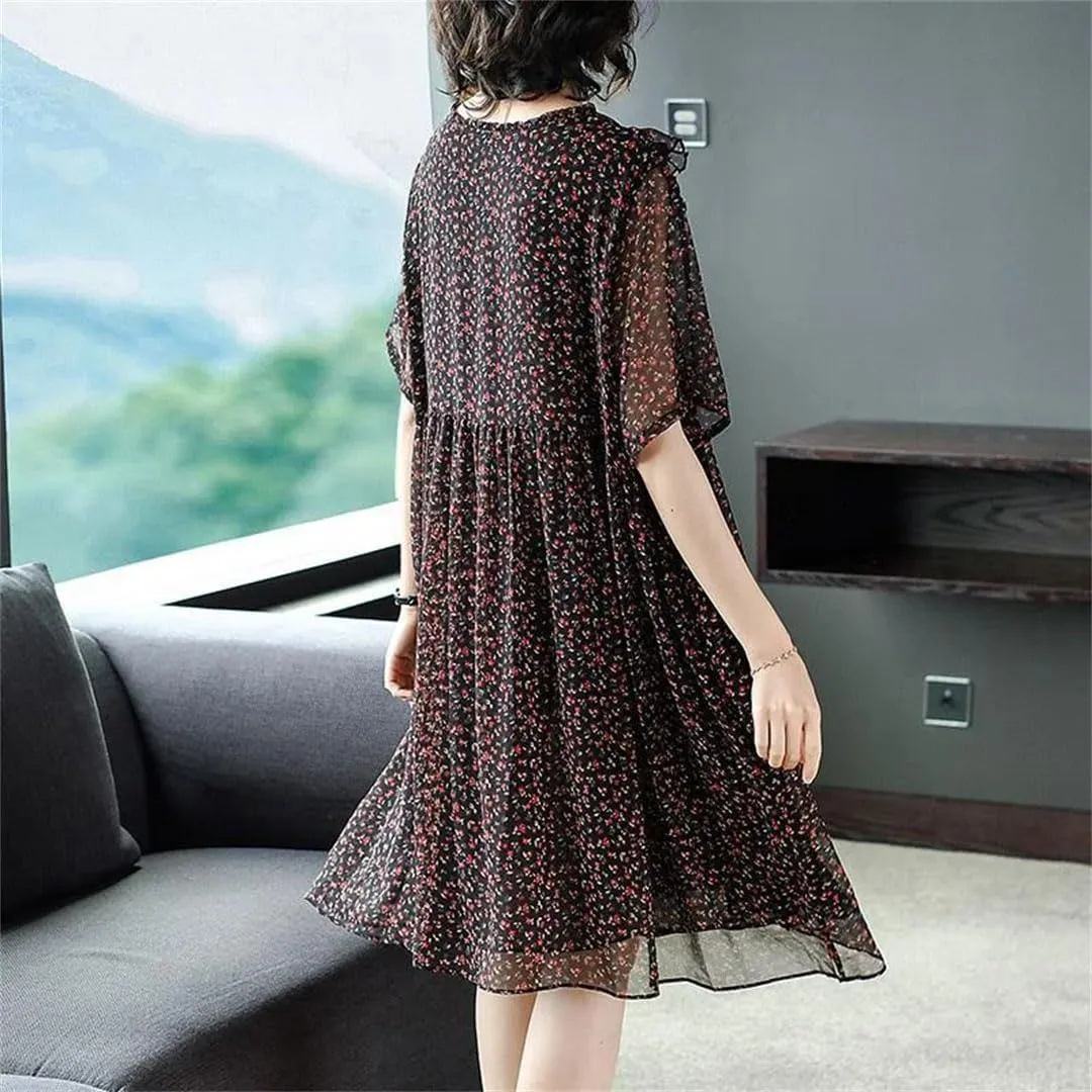 Women's Vintage Spliced Loose Ruffles Floral Dress Summer Office Lady Mini Dress