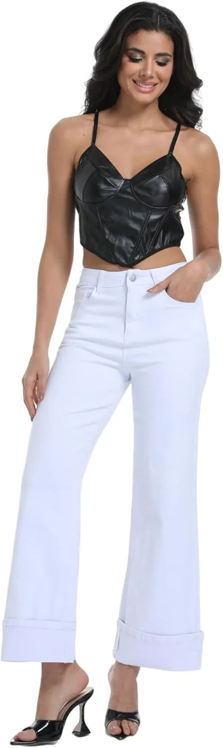Women's Wide Leg Cuffed Jeans High Waisted Stretchy Casual Comfort Fit Denim Pants
