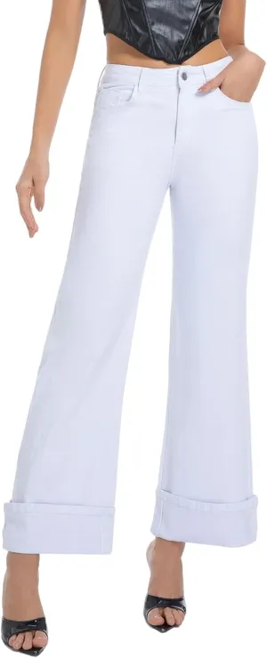 Women's Wide Leg Cuffed Jeans High Waisted Stretchy Casual Comfort Fit Denim Pants