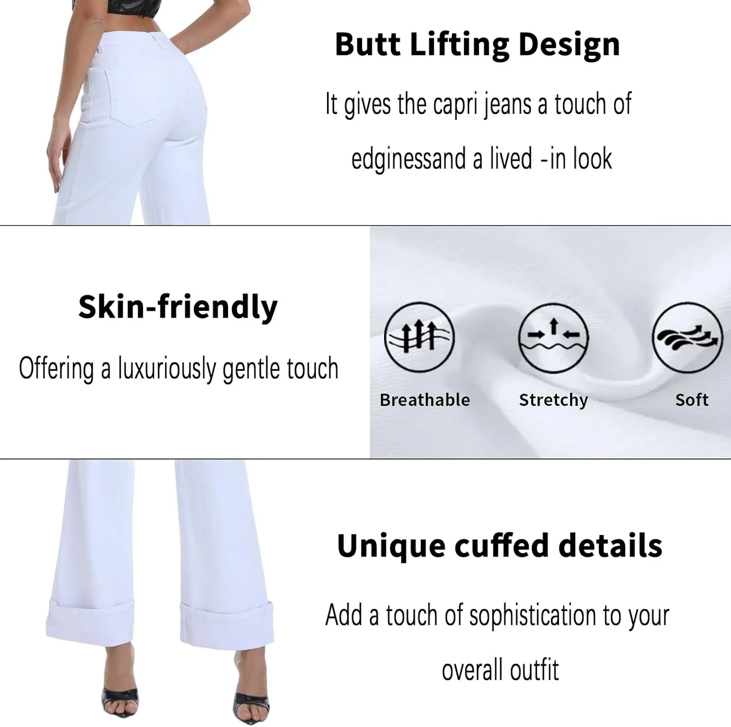 Women's Wide Leg Cuffed Jeans High Waisted Stretchy Casual Comfort Fit Denim Pants