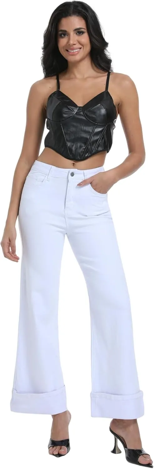 Women's Wide Leg Cuffed Jeans High Waisted Stretchy Casual Comfort Fit Denim Pants