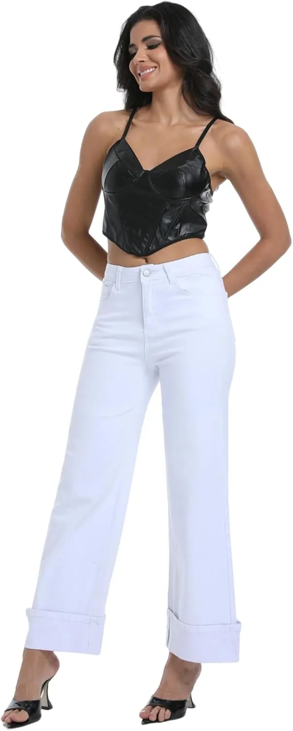 Women's Wide Leg Cuffed Jeans High Waisted Stretchy Casual Comfort Fit Denim Pants
