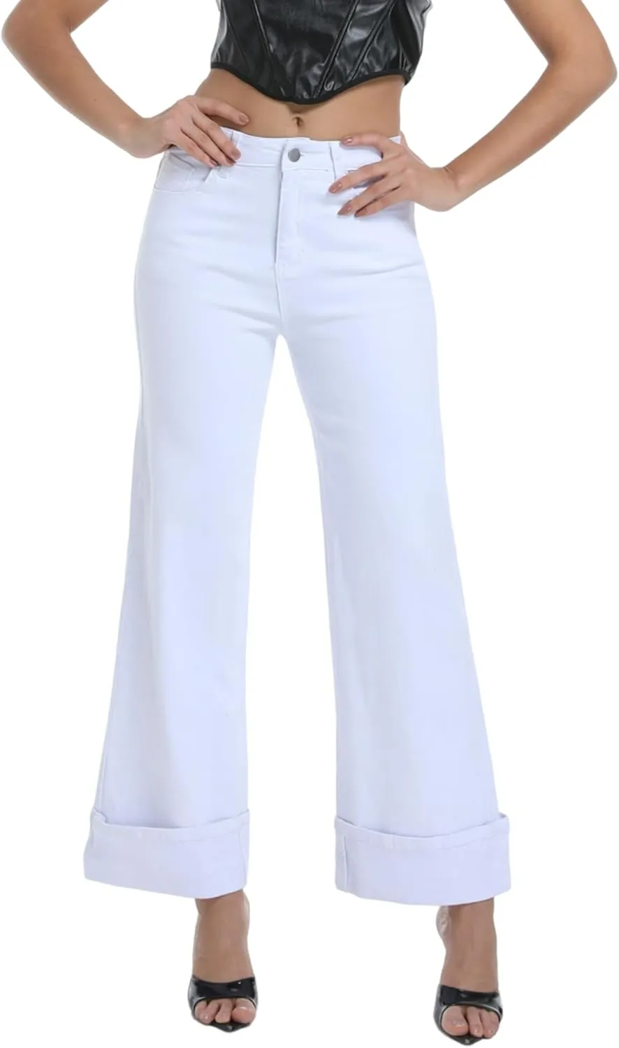 Women's Wide Leg Cuffed Jeans High Waisted Stretchy Casual Comfort Fit Denim Pants
