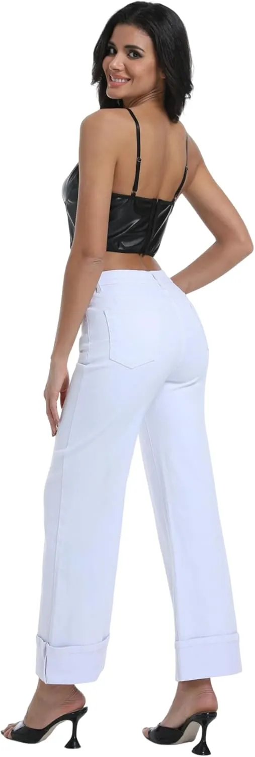 Women's Wide Leg Cuffed Jeans High Waisted Stretchy Casual Comfort Fit Denim Pants