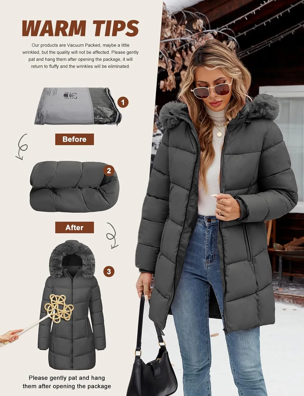 Womens Winter Coats Puffer Down Parka Thicken Warm Hooded Jacket Fleece Lined Outwear with Removable Faux Fur Hood