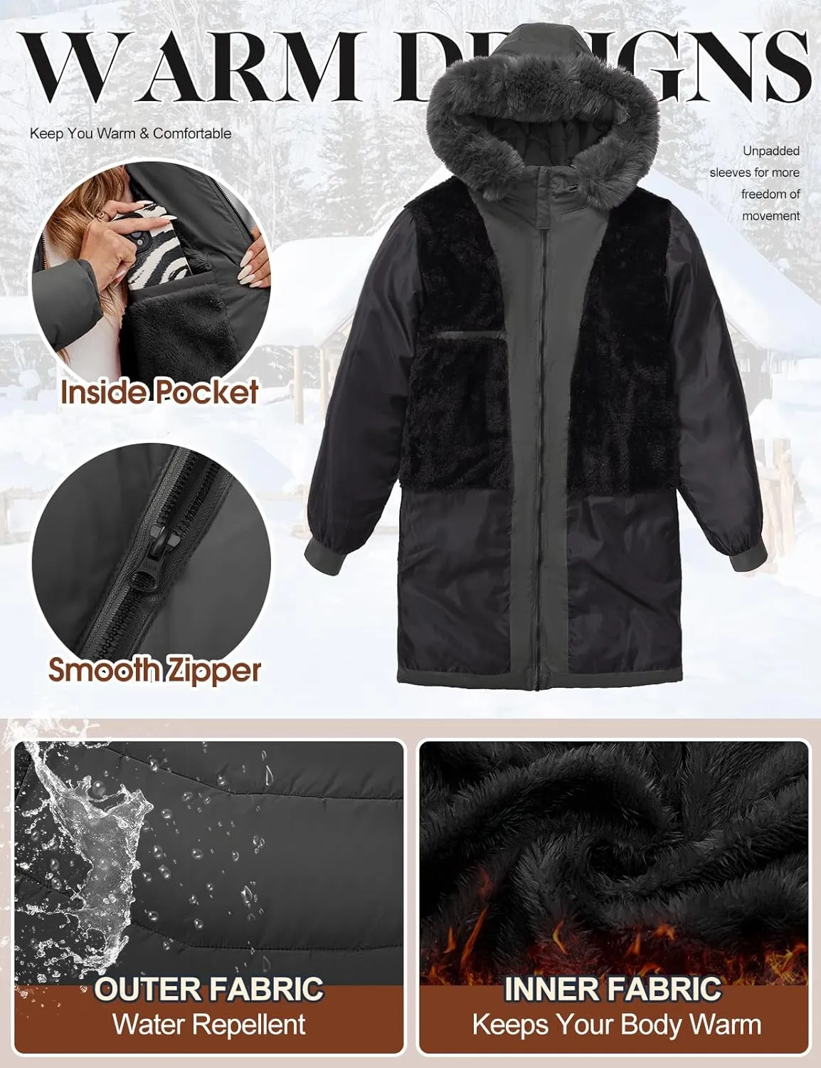Womens Winter Coats Puffer Down Parka Thicken Warm Hooded Jacket Fleece Lined Outwear with Removable Faux Fur Hood