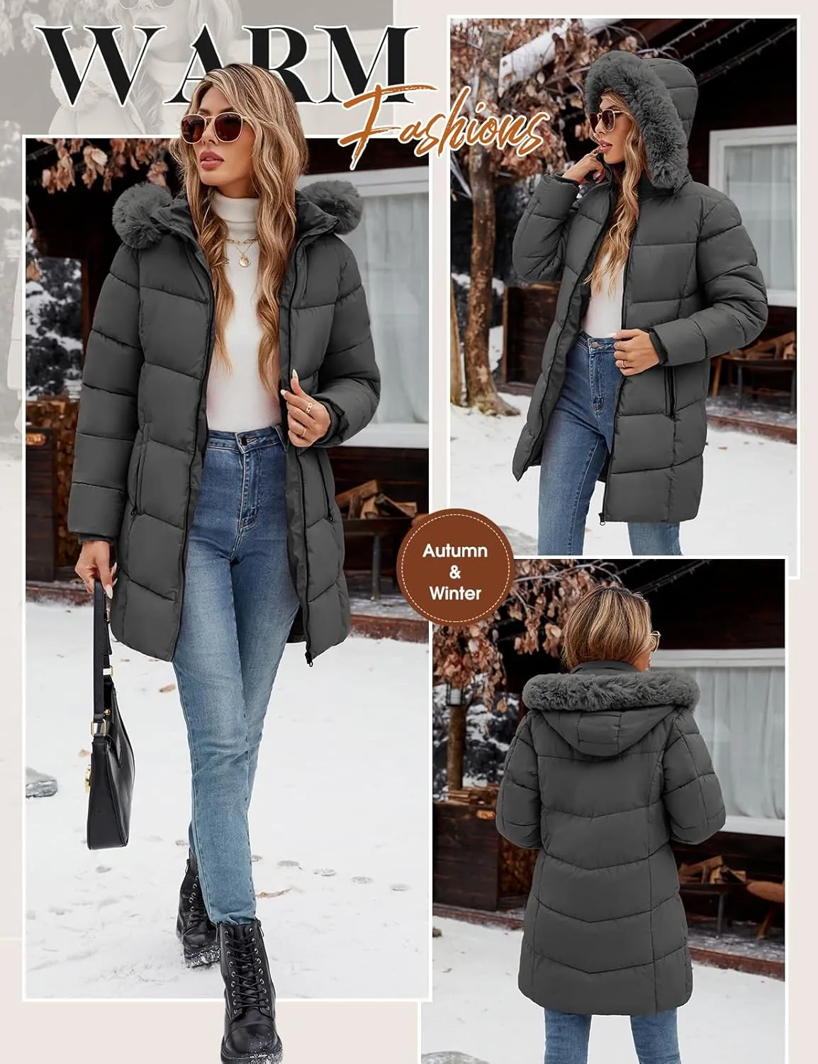 Womens Winter Coats Puffer Down Parka Thicken Warm Hooded Jacket Fleece Lined Outwear with Removable Faux Fur Hood