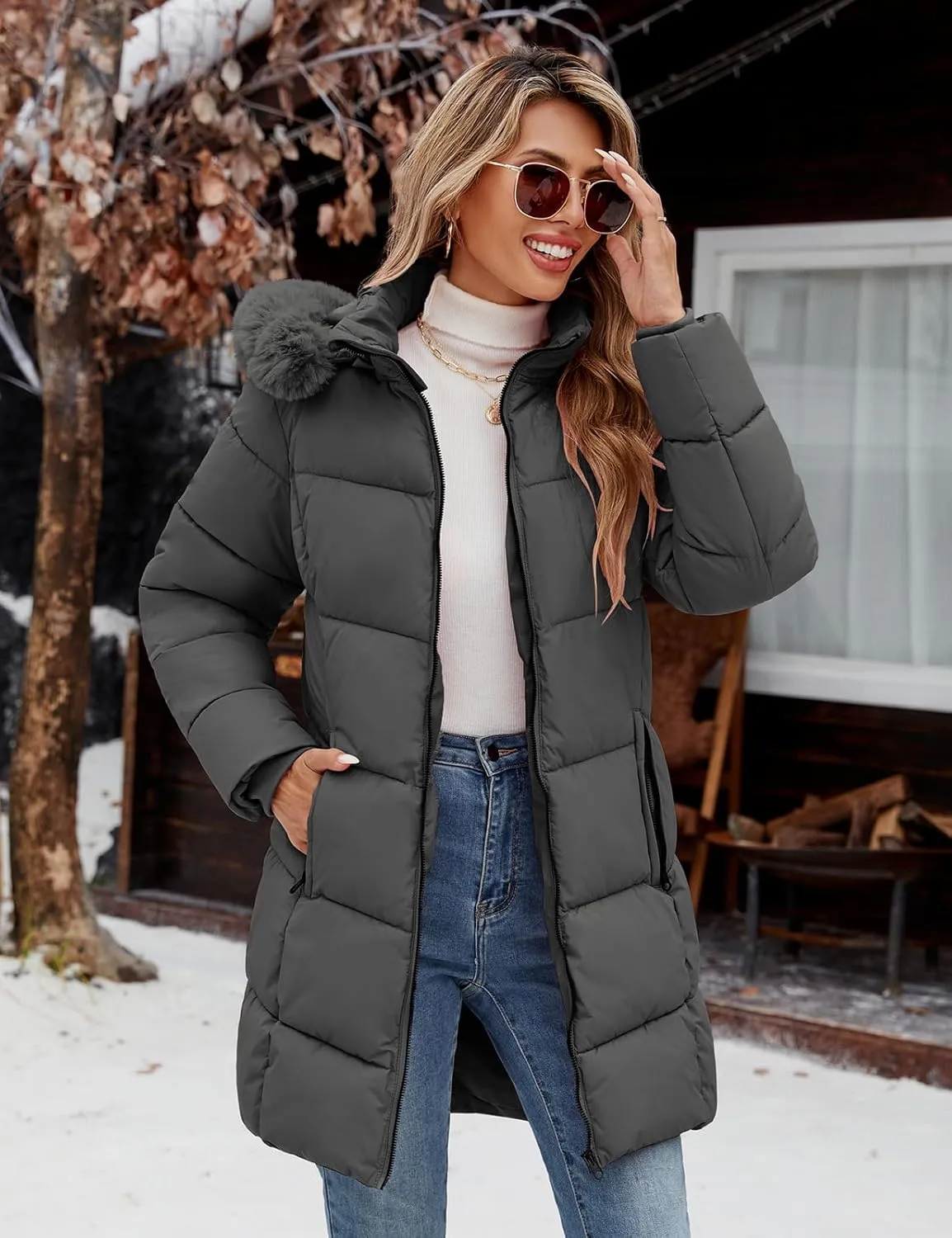 Womens Winter Coats Puffer Down Parka Thicken Warm Hooded Jacket Fleece Lined Outwear with Removable Faux Fur Hood