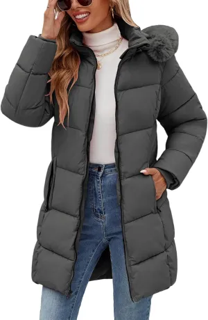 Womens Winter Coats Puffer Down Parka Thicken Warm Hooded Jacket Fleece Lined Outwear with Removable Faux Fur Hood