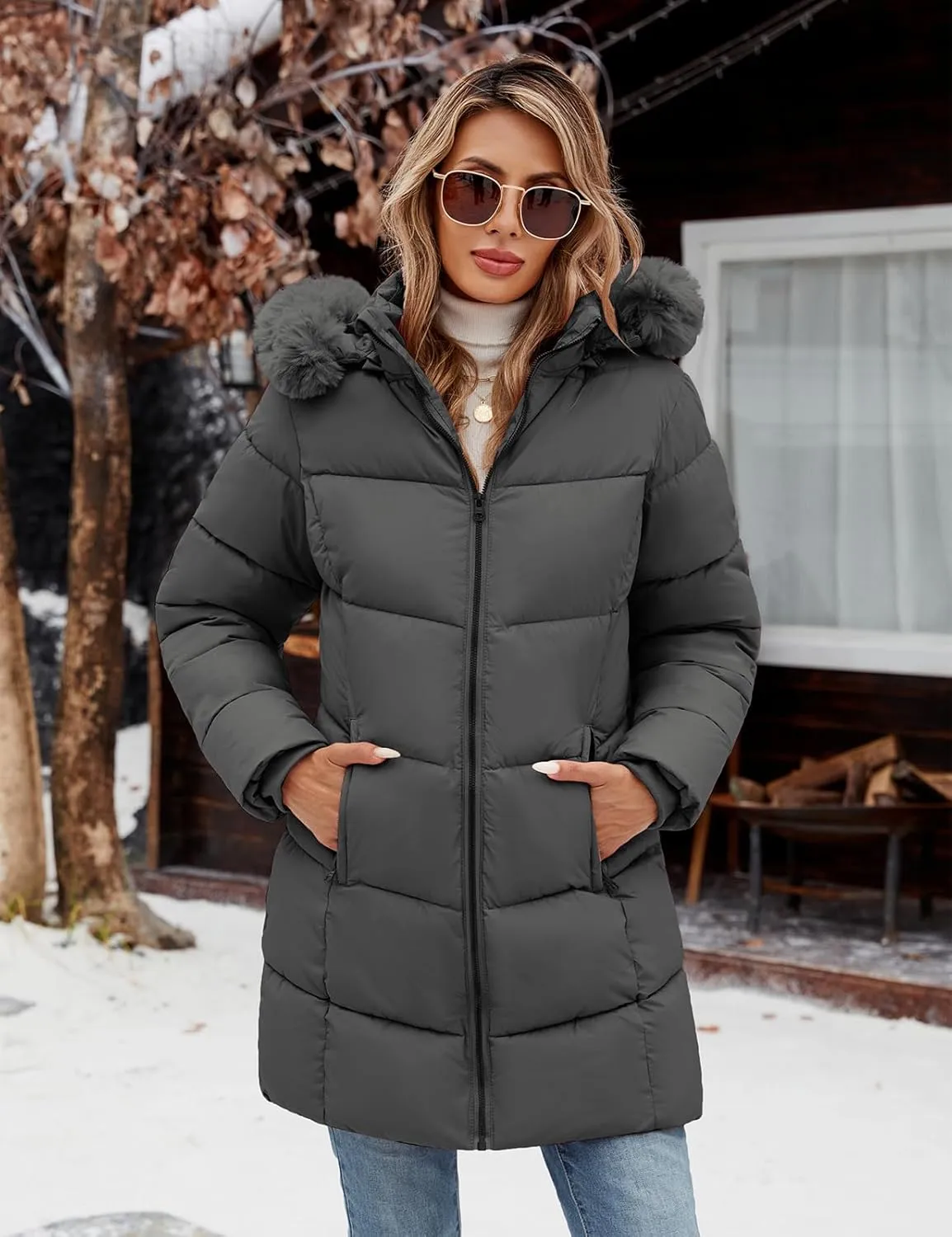Womens Winter Coats Puffer Down Parka Thicken Warm Hooded Jacket Fleece Lined Outwear with Removable Faux Fur Hood