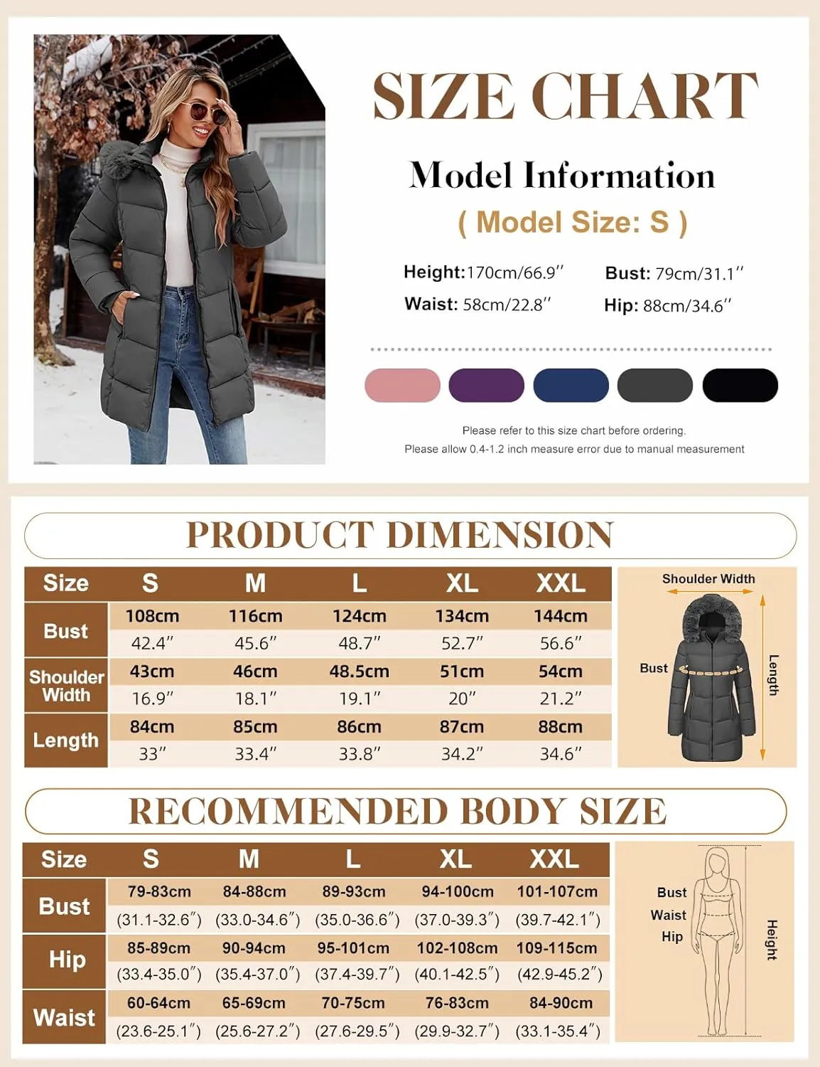 Womens Winter Coats Puffer Down Parka Thicken Warm Hooded Jacket Fleece Lined Outwear with Removable Faux Fur Hood