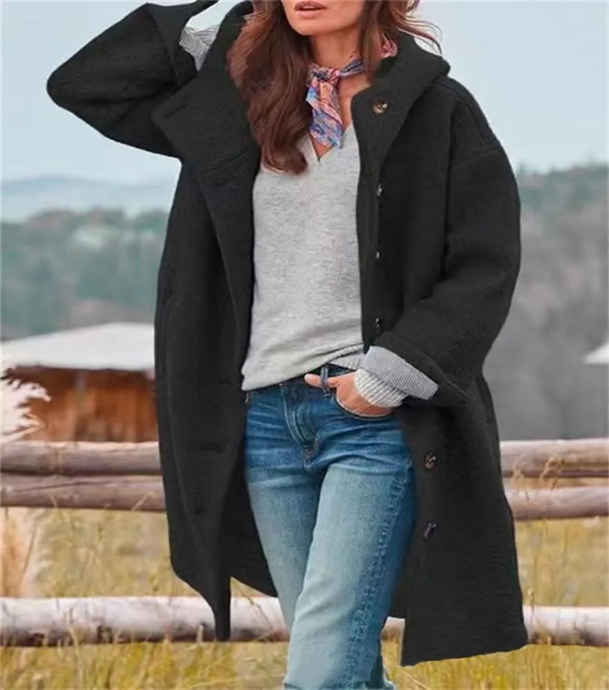 Womens Winter Wool Pea Coat Single Breasted Long Trench Coats with Hooded Outerwear Jackets