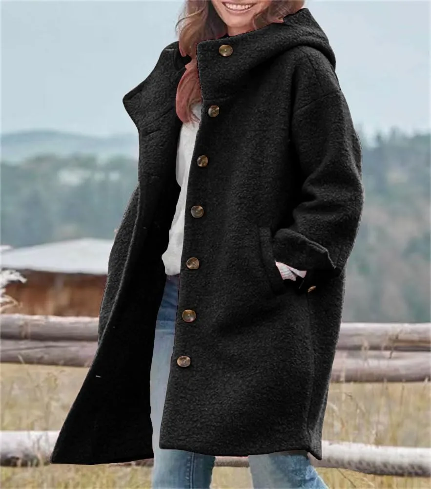 Womens Winter Wool Pea Coat Single Breasted Long Trench Coats with Hooded Outerwear Jackets