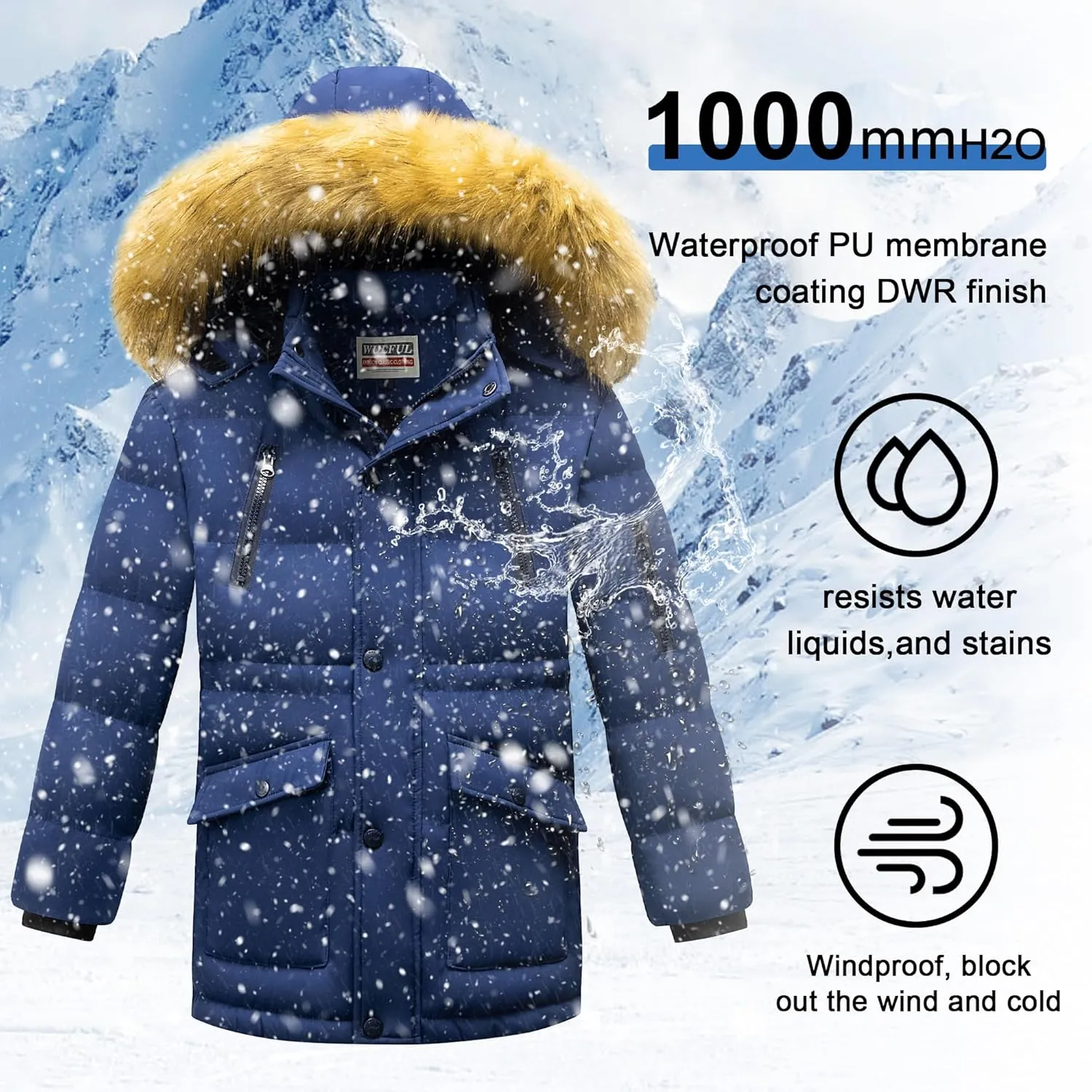 WULFUL Boy's Winter Coat Waterproof Fleece Lined Parka Jackets Kids Hooded Puffer Outerwear