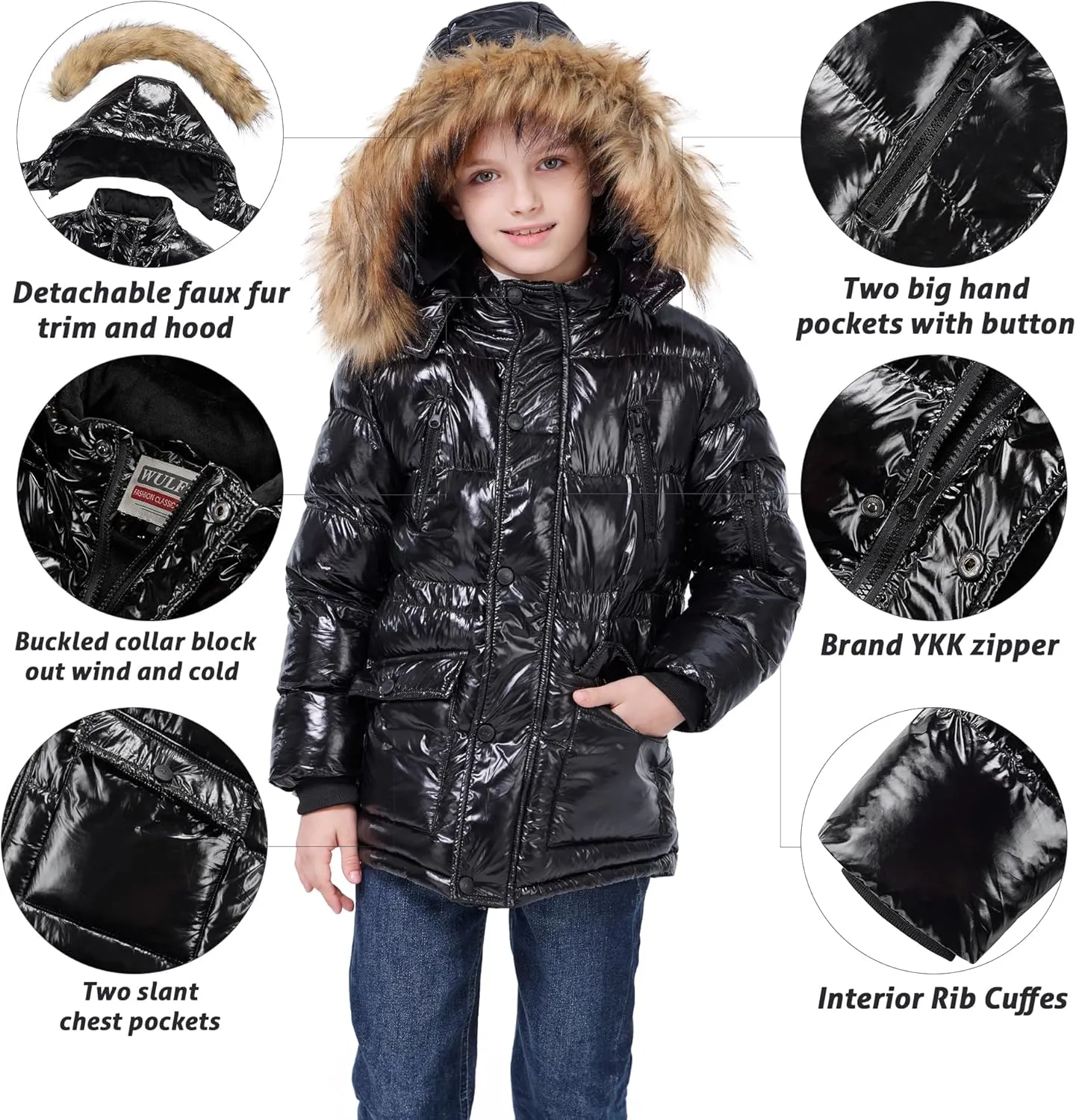 WULFUL Boy's Winter Coat Waterproof Fleece Lined Parka Jackets Kids Hooded Puffer Outerwear