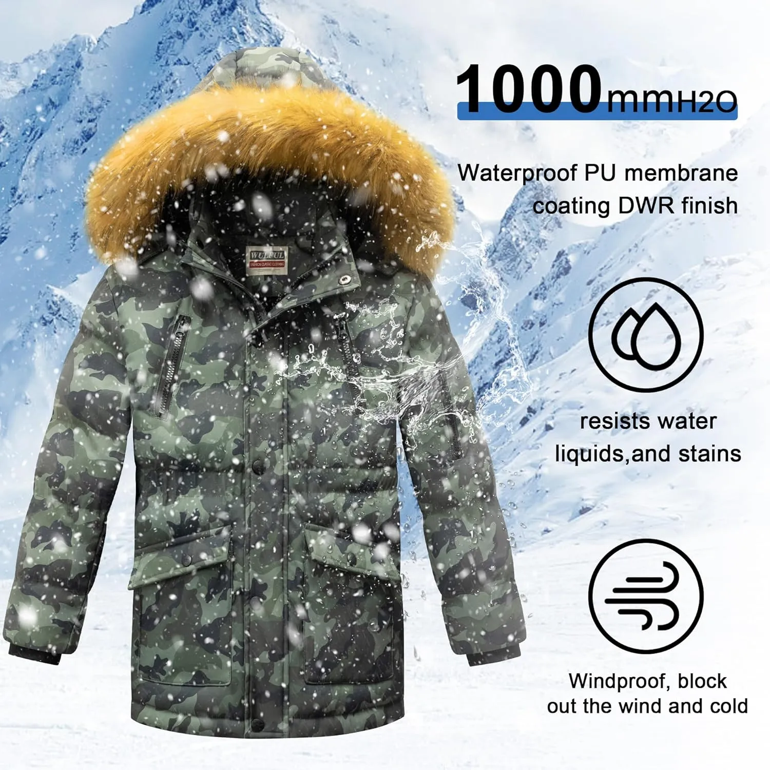 WULFUL Boy's Winter Coat Waterproof Fleece Lined Parka Jackets Kids Hooded Puffer Outerwear