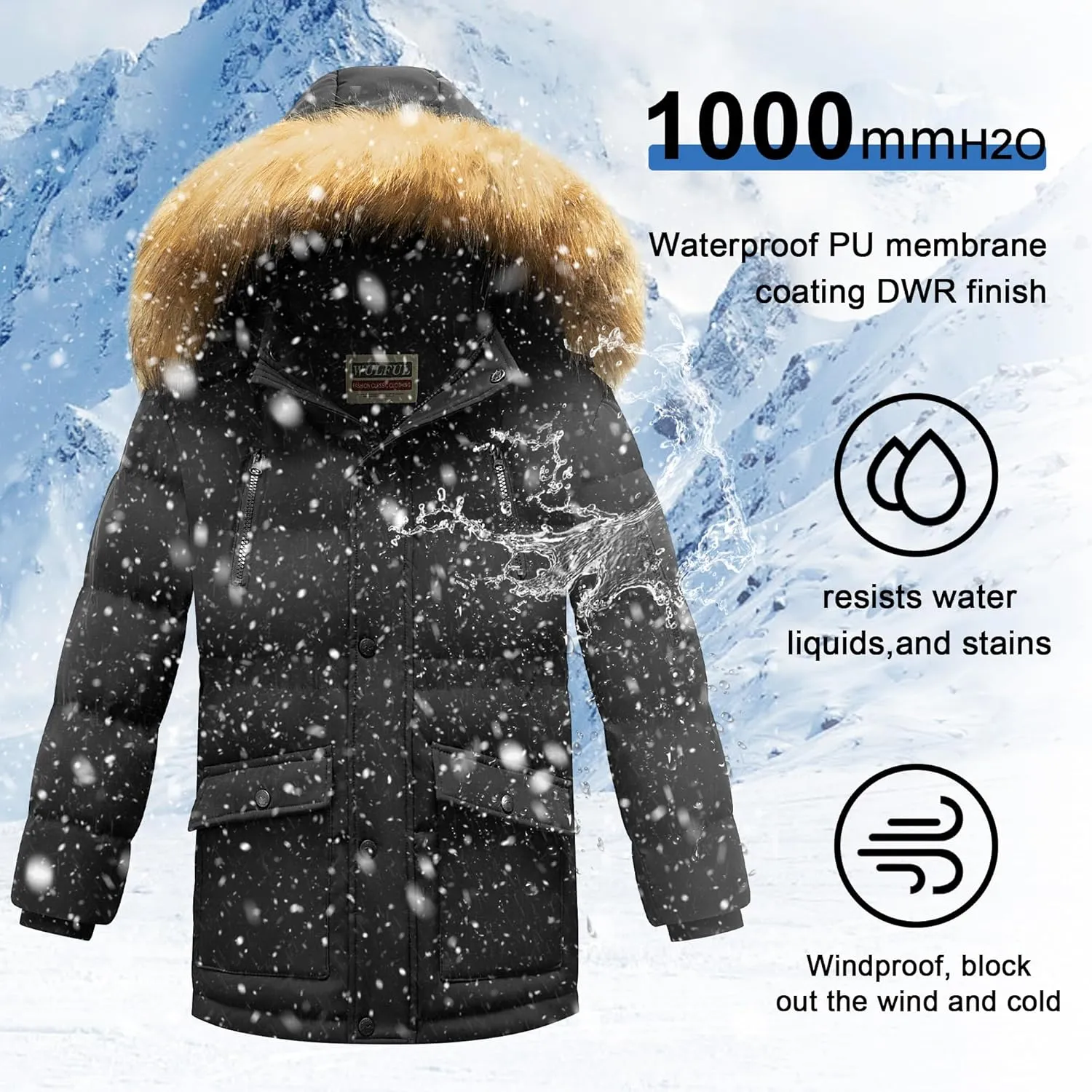 WULFUL Boy's Winter Coat Waterproof Fleece Lined Parka Jackets Kids Hooded Puffer Outerwear