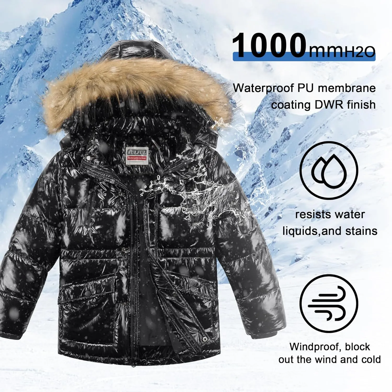 WULFUL Boy's Winter Coat Waterproof Fleece Lined Parka Jackets Kids Hooded Puffer Outerwear