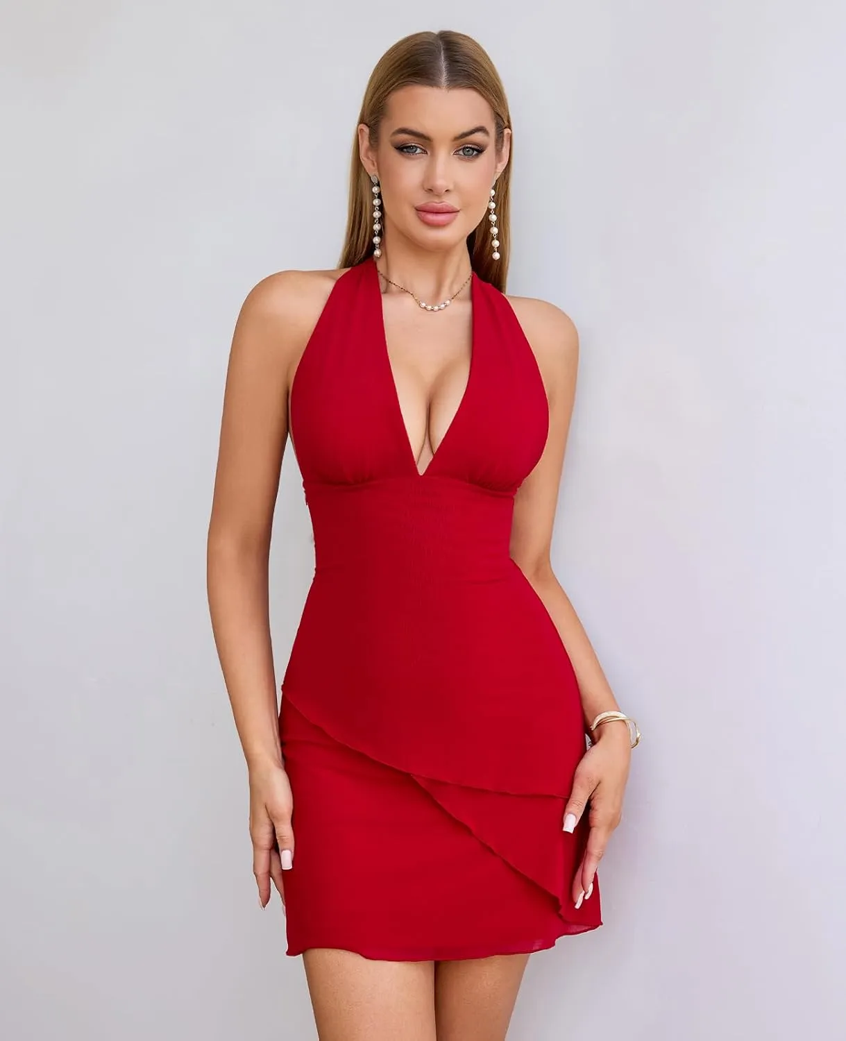 XinFSh Women's Summer Mini Dress Halter V Neck Backless Bodycon Tight Dresses Sexy Party Club Going Out Short Dress