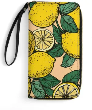 Yellow Lemon Leather Wallet Smooth Zip Around Clutch Wristlet Travel Long Soft Purse for Women