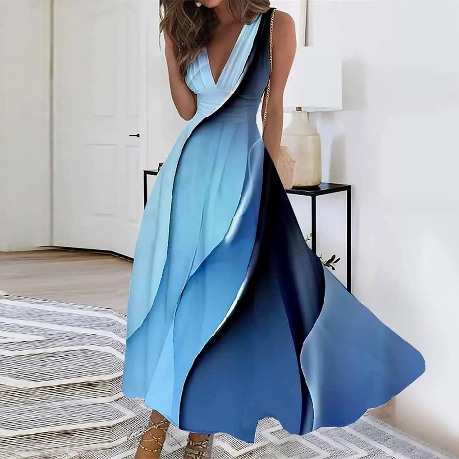 Yesunpxs Dresses for Women 2024 Sleeveless Floral Printed Maxi Dress Wrap V Neck Flowy Ruched Beach Dresses Boho Sundresses
