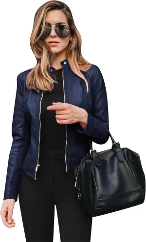 YMING Womens Faux Leather Zip Up Jackets PU Short Moto Coat Autumn Slim Fit Biker Outwear Plus Size
