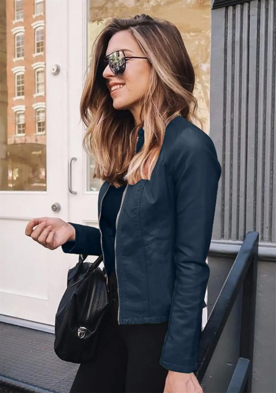 YMING Womens Faux Leather Zip Up Jackets PU Short Moto Coat Autumn Slim Fit Biker Outwear Plus Size