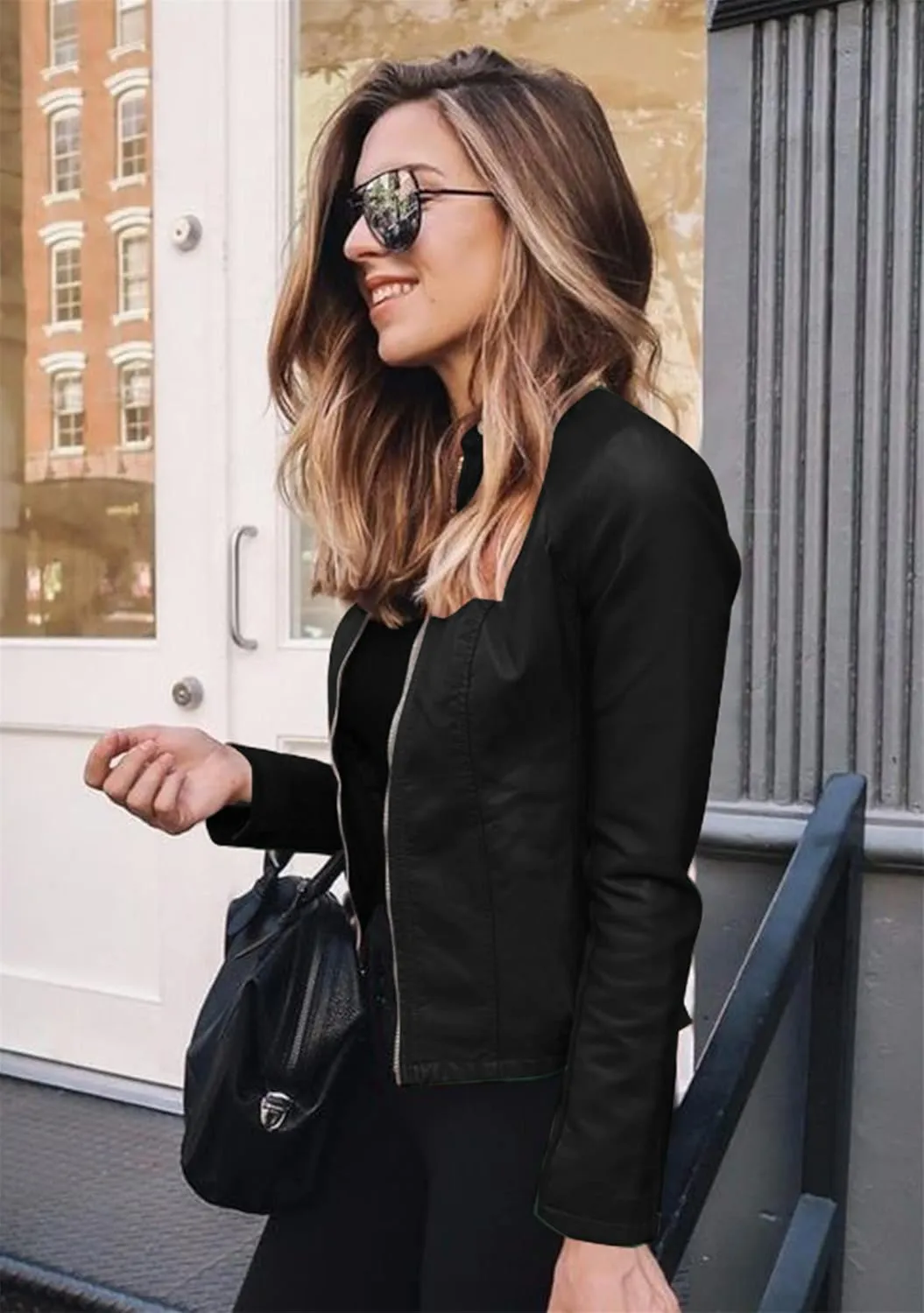 YMING Womens Faux Leather Zip Up Jackets PU Short Moto Coat Autumn Slim Fit Biker Outwear Plus Size