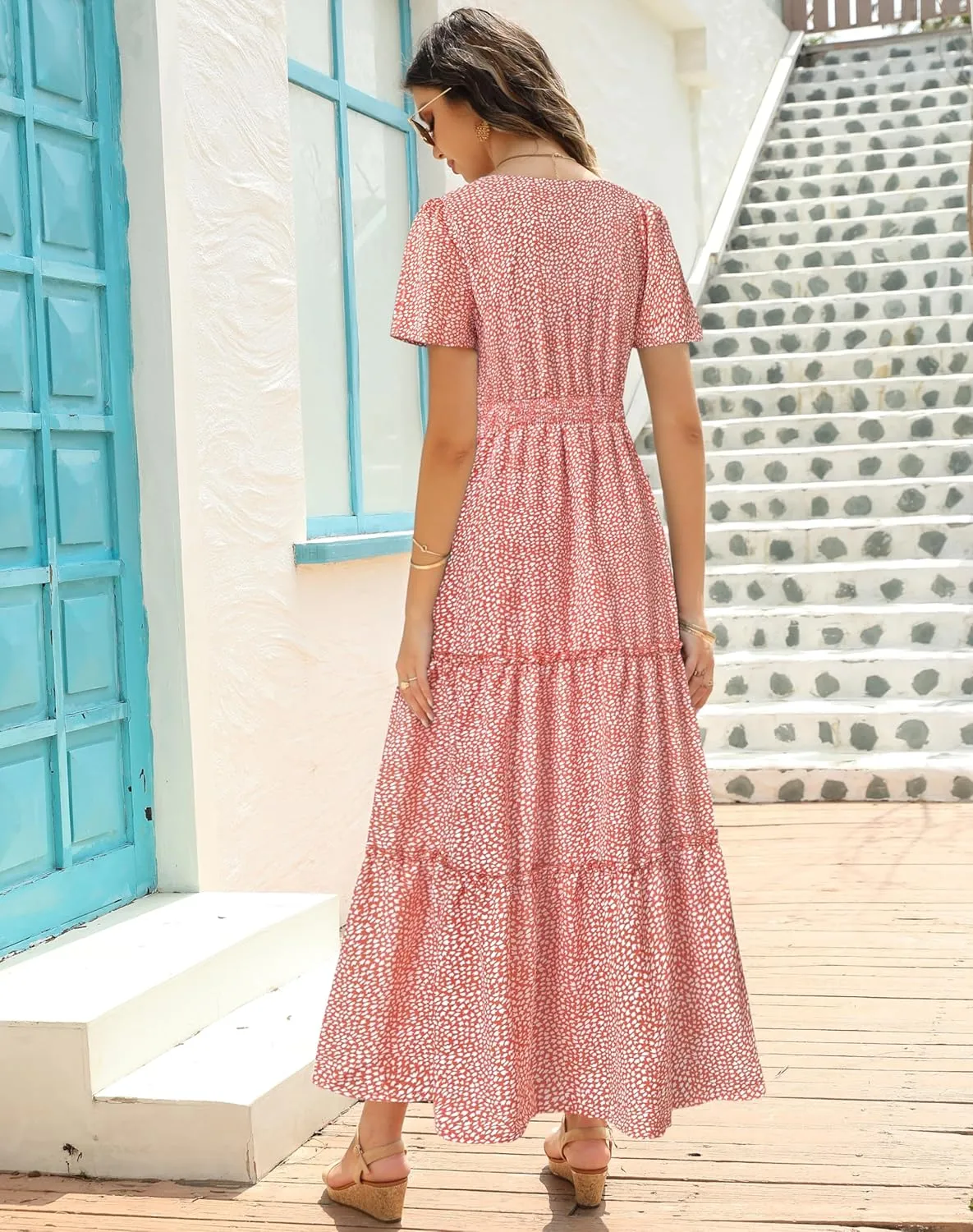 Zattcas Womens 2025 Long Summer Dress Short Flutter Sleeve V Neck Casual Smocked Tiered Modest Floral Boho Maxi Dress