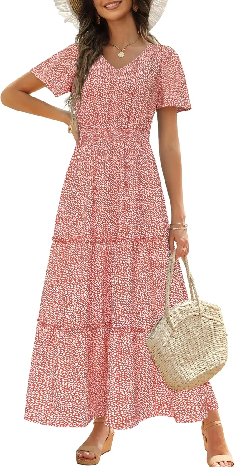 Zattcas Womens 2025 Long Summer Dress Short Flutter Sleeve V Neck Casual Smocked Tiered Modest Floral Boho Maxi Dress