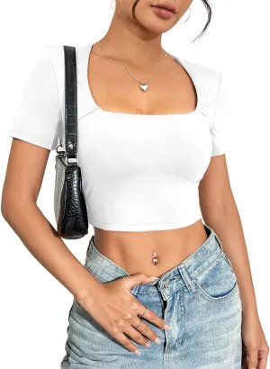 Zeagoo Women's Short Sleeve Crop Tops Double Lined Basic Slim Fit T Shirt Square Neck Summer Tees