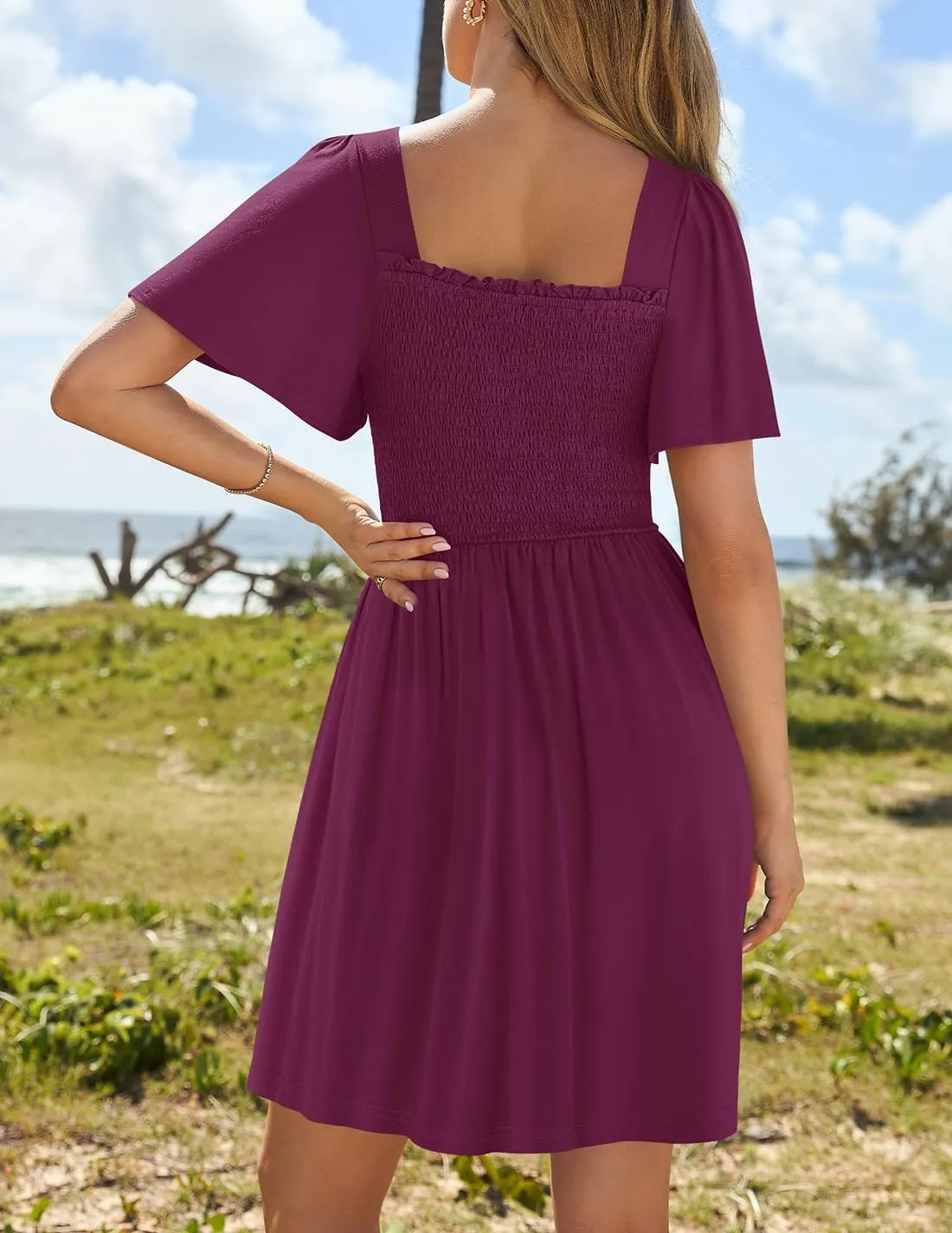ZESICA Women's 2025 Summer Casual Mini Dress Flutter Short Sleeve Square Neck Smocked Tiered Ruffle Flowy Dresses