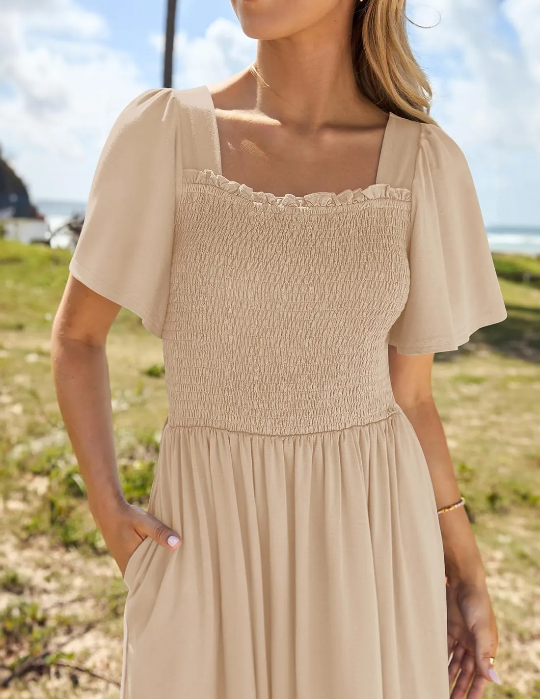 ZESICA Women's 2025 Summer Casual Mini Dress Flutter Short Sleeve Square Neck Smocked Tiered Ruffle Flowy Dresses