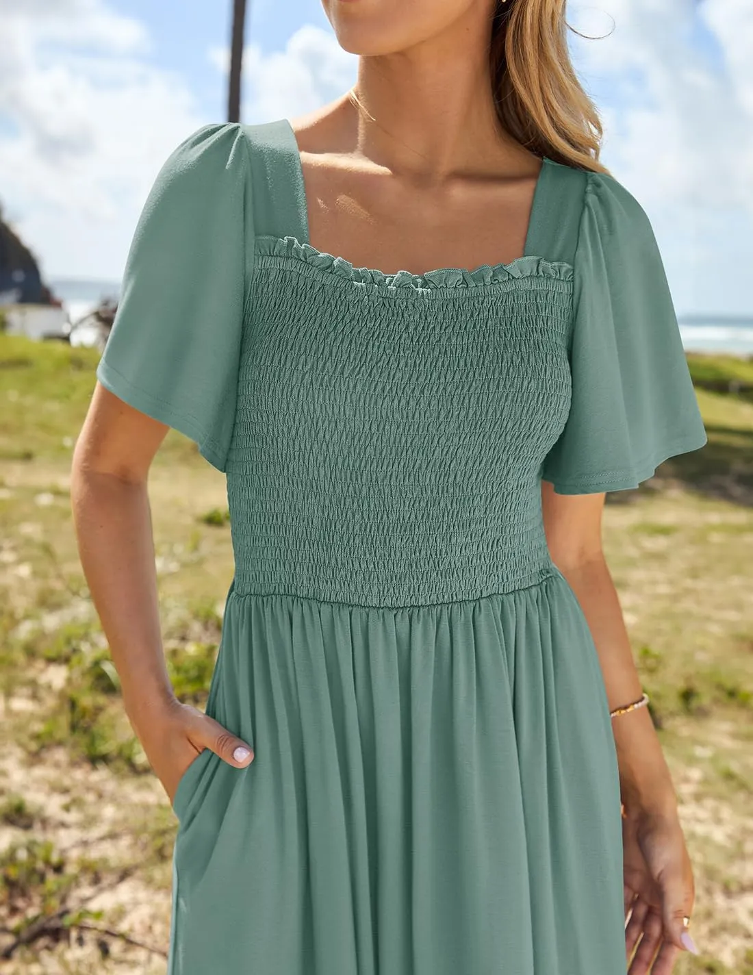 ZESICA Women's 2025 Summer Casual Mini Dress Flutter Short Sleeve Square Neck Smocked Tiered Ruffle Flowy Dresses