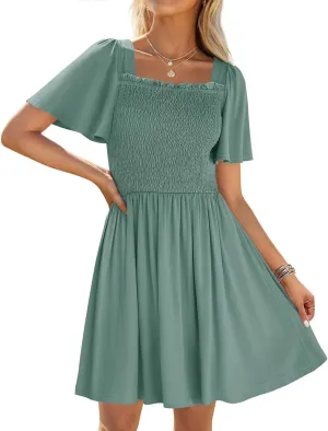 ZESICA Women's 2025 Summer Casual Mini Dress Flutter Short Sleeve Square Neck Smocked Tiered Ruffle Flowy Dresses