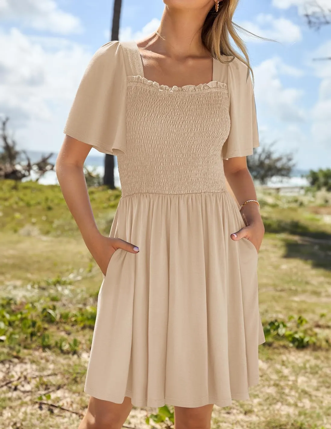 ZESICA Women's 2025 Summer Casual Mini Dress Flutter Short Sleeve Square Neck Smocked Tiered Ruffle Flowy Dresses