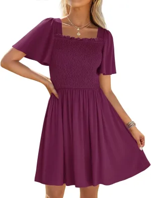 ZESICA Women's 2025 Summer Casual Mini Dress Flutter Short Sleeve Square Neck Smocked Tiered Ruffle Flowy Dresses