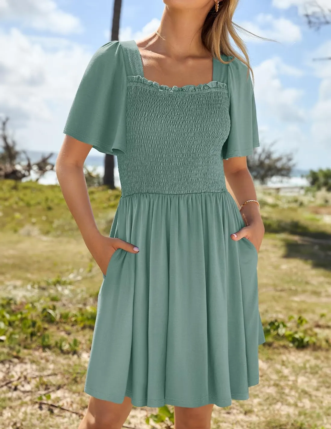 ZESICA Women's 2025 Summer Casual Mini Dress Flutter Short Sleeve Square Neck Smocked Tiered Ruffle Flowy Dresses
