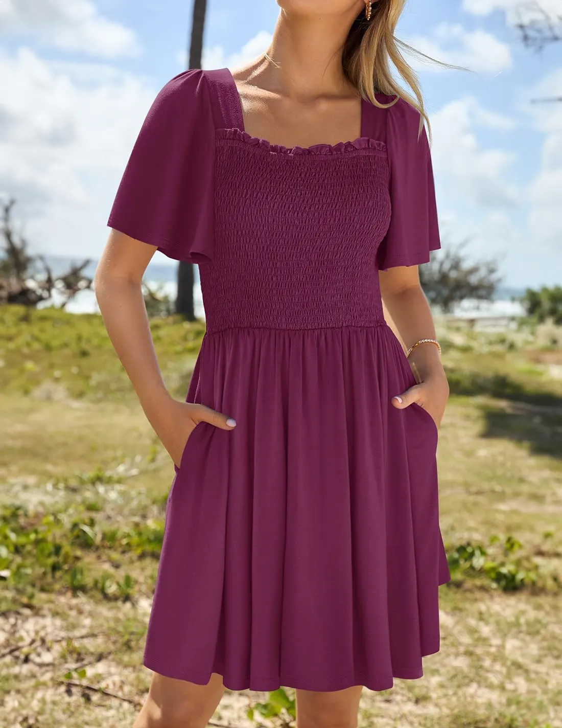 ZESICA Women's 2025 Summer Casual Mini Dress Flutter Short Sleeve Square Neck Smocked Tiered Ruffle Flowy Dresses