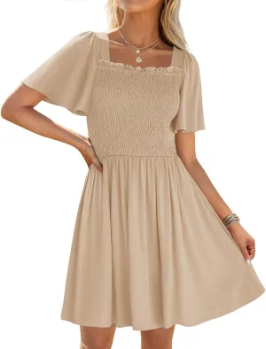 ZESICA Women's 2025 Summer Casual Mini Dress Flutter Short Sleeve Square Neck Smocked Tiered Ruffle Flowy Dresses