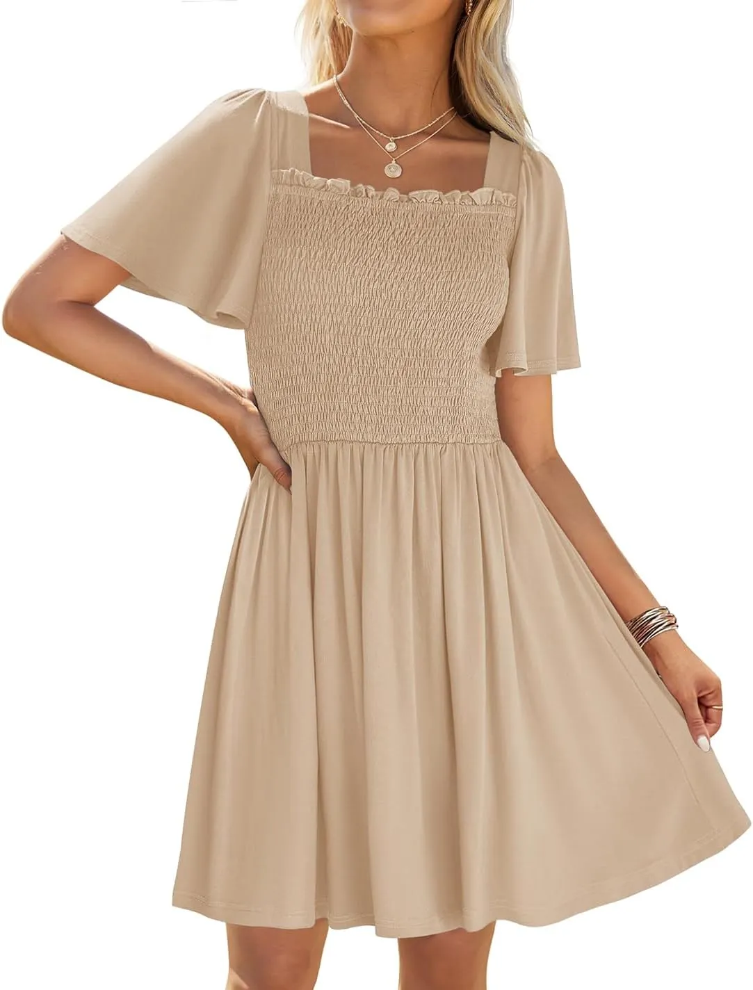 ZESICA Women's 2025 Summer Casual Mini Dress Flutter Short Sleeve Square Neck Smocked Tiered Ruffle Flowy Dresses